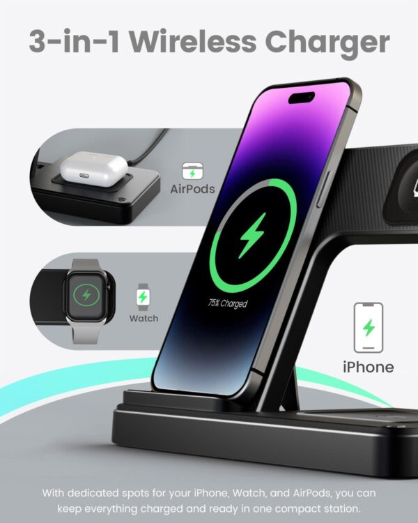 Wireless Charger iPhone Charging Station: 3 in 1 Charger Stand Multiple Devices for Apple - iPhone 16 15 14 Pro Max 13 12 11 - Watch 10 9 8 7 6 5 4 3 2 SE and Ultra Series - Airpods 4 3 2 Pro - Image 7