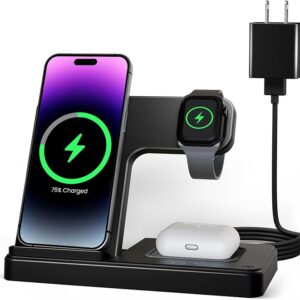 Wireless Charger iPhone Charging Station: 3 in 1 Charger Stand Multiple Devices for Apple - iPhone 16 15 14 Pro Max 13 12 11 - Watch 10 9 8 7 6 5 4 3 2 SE and Ultra Series - Airpods 4 3 2 Pro