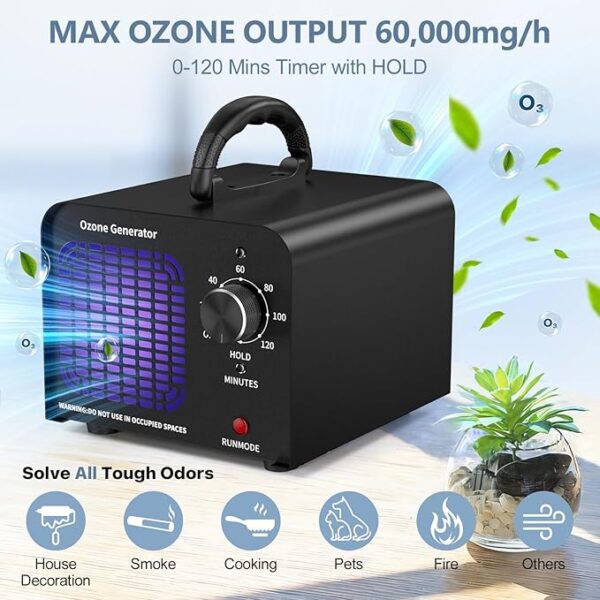 Ozone Generator 60000mg/h, Ozone Machine Odor Removal, High Capacity Ozone Odor Eliminator for Car/Home/Smoke/Pet Odor(Black) - Image 4